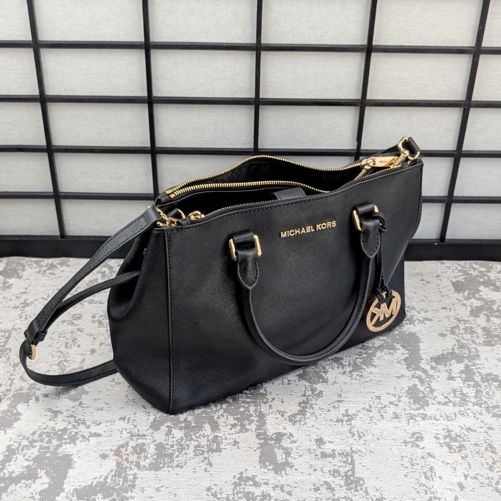 Michael Kors Black Saffiano Leather Satchel Crossbody Bag‎ Gold Hardware